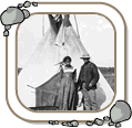 Chipewyan people in front of their tipi in Northern Alberta, ca. 1899.